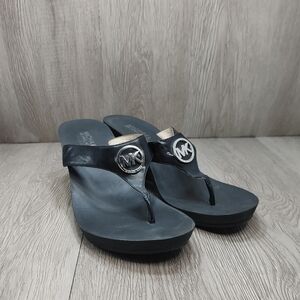 Michael Kors Black Platform Sandals Wedge Logo AK12C Thong Flip Flop Cutout 9.5